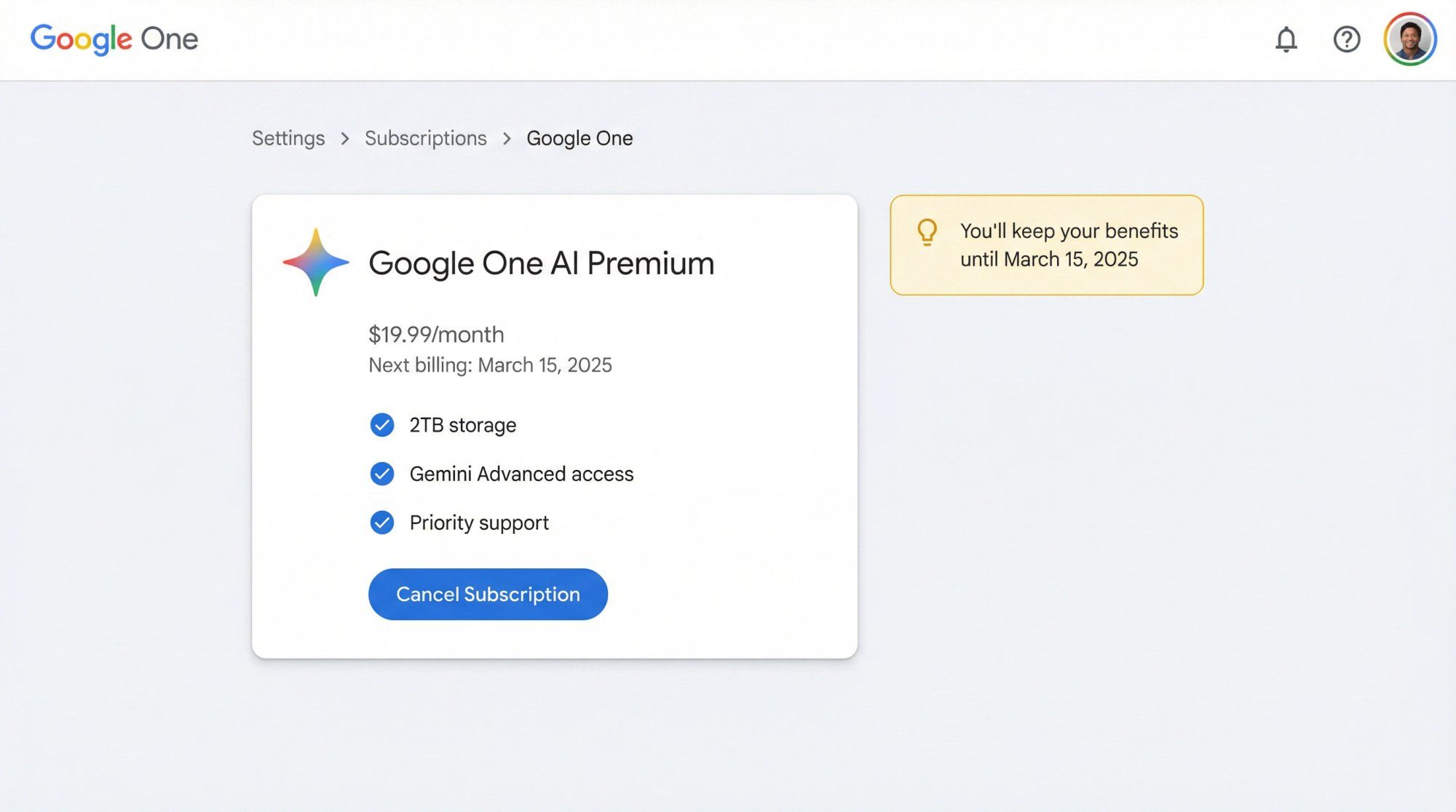 Google One subscription management interface showing the Cancel Subscription button for Google AI Pro plan