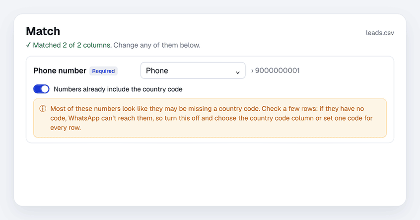 On the Match step, Spur matches the Country Code column by itself, and for a file without codes it shows a warning before importing