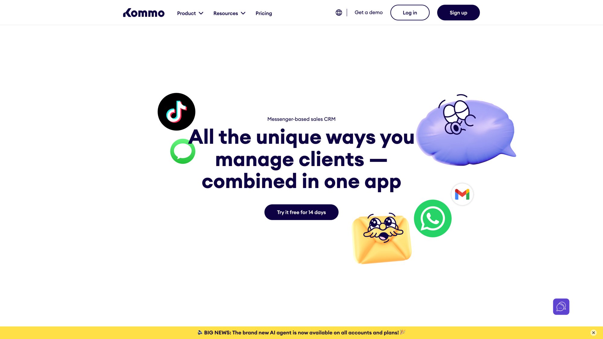 Kommo conversational CRM platform homepage emphasizing sales pipeline management via WhatsApp, Instagram, and messaging apps