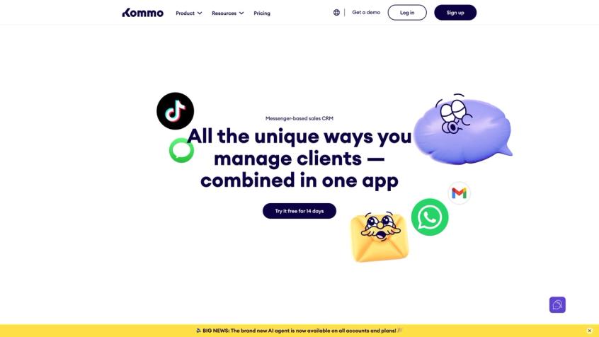 Kommo conversational CRM platform homepage emphasizing sales pipeline management via WhatsApp, Instagram, and messaging apps