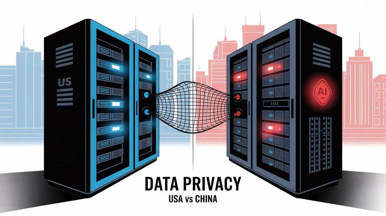 Data privacy and security comparison between USA and China servers showing AI safety considerations