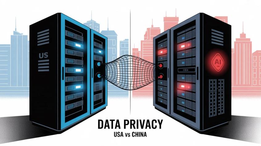 Data privacy and security comparison between USA and China servers showing AI safety considerations