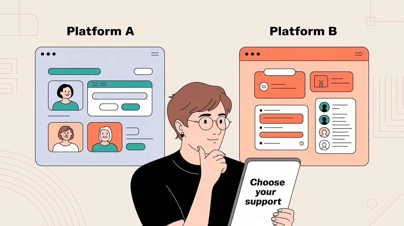 Two customer service platforms side by side showing different approaches with person making choice between Platform A and Platform B