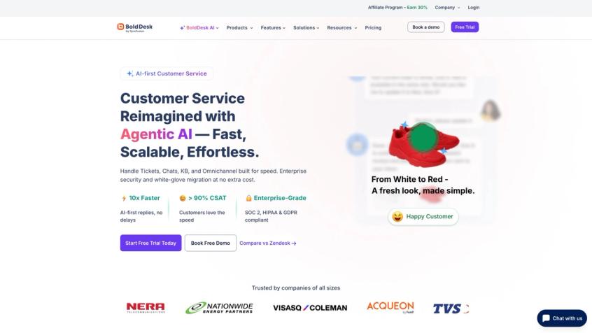 BoldDesk homepage showing unified helpdesk with AI agent, live chat, and ticketing platform interface