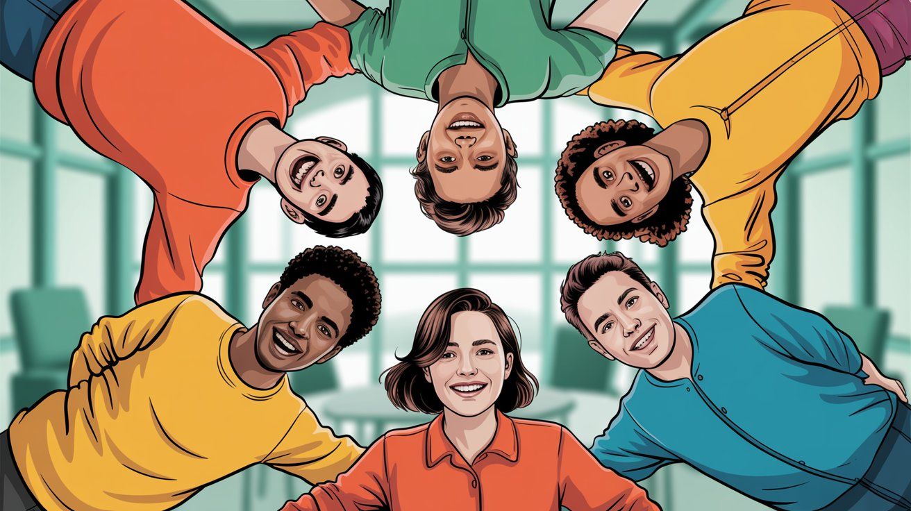 Diverse support team collaborating with positive energy, showing teamwork and motivation in a modern office environment