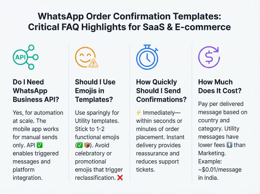 Visual overview of key WhatsApp order confirmation FAQs: API requirements, emoji usage rules, timing best practices, and cost structure