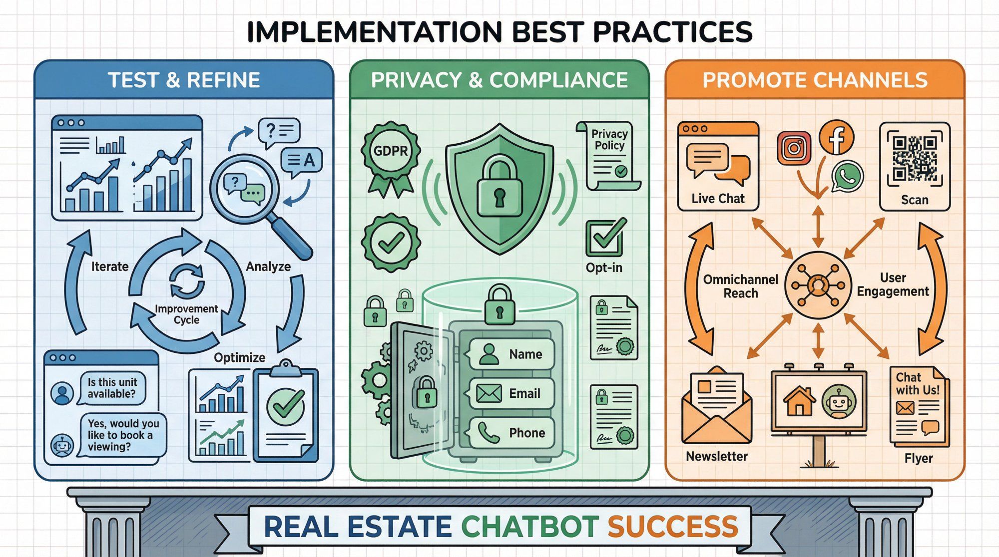 Three-pillar framework for real estate chatbot implementation: testing & refinement, privacy & compliance, and channel promotion strategies