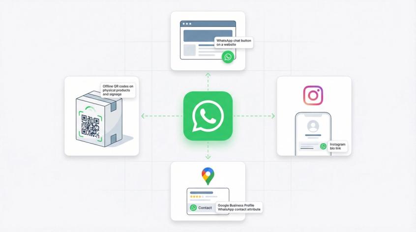 Four WhatsApp link sharing channels: website chat button, Instagram bio, Google Business Profile, and offline QR code