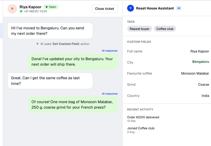 Custom fields set to Read and write on an AI agent, then the AI saving a customer's new city and recommending their usual coffee from saved fields