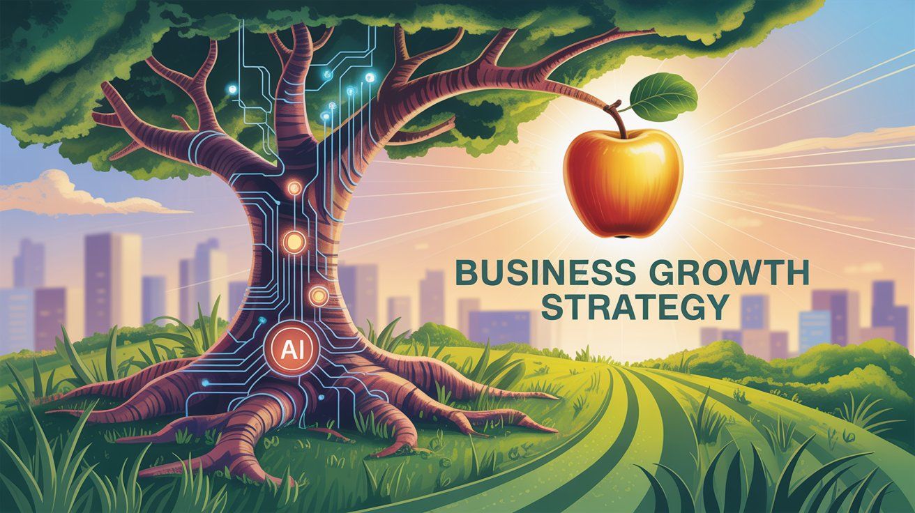 Digital tree representing AI integration growing business success with technology branches and strategic growth outcomes in a modern business landscape