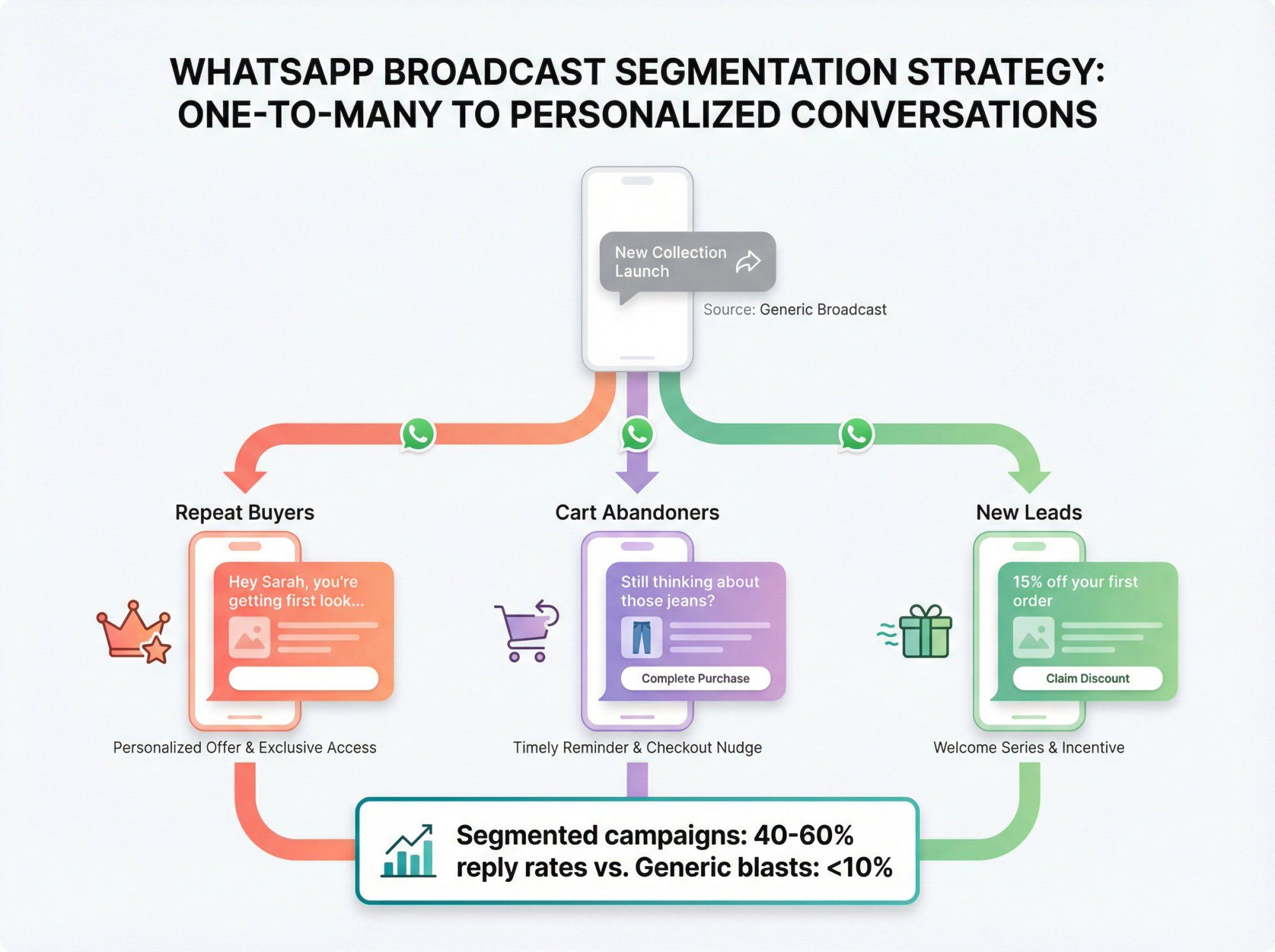 Visual flowchart showing how one generic broadcast message splits into three personalized segment paths targeting different customer types