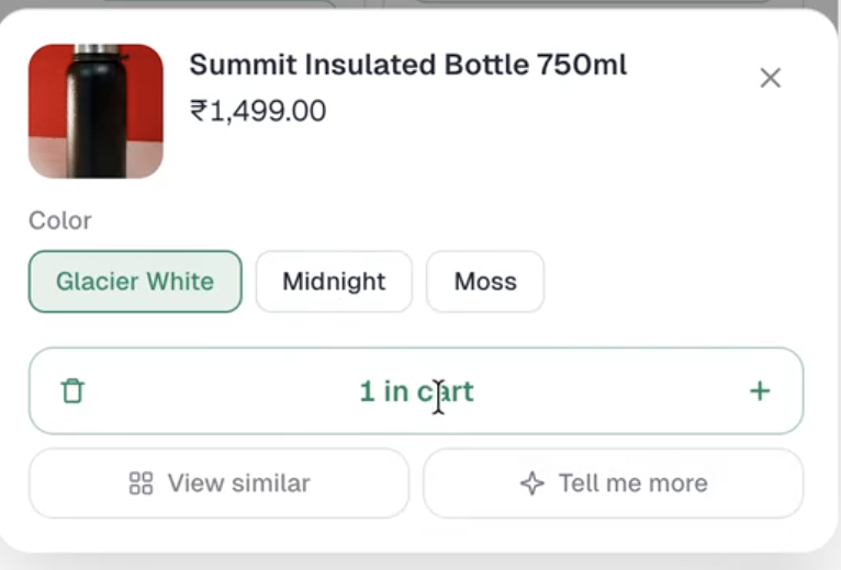 Product detail sheet in Spur live chat with colour options and a quantity control reading 1 in cart