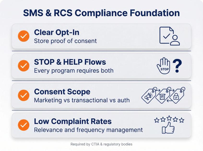 Visual compliance checklist showing four non-negotiable requirements for SMS and RCS messaging regulation