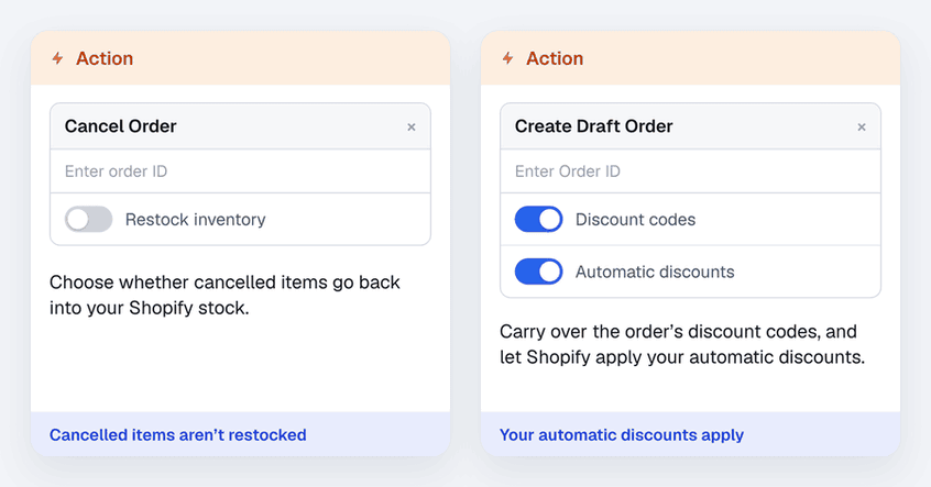 In a workflow, Restock inventory is switched off on Cancel Order, and Automatic discounts is switched on for Create Draft Order