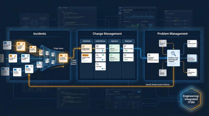 Editorial illustration of an ITSM service desk with incident management, change request queues, and engineering workflow integration