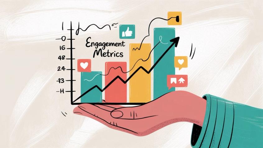 Visual representation of social media engagement metrics including likes, comments, shares and interaction rates