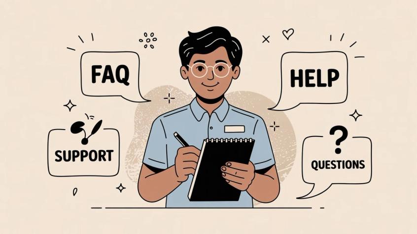 Illustration representing FAQ and help support with question marks and assistance