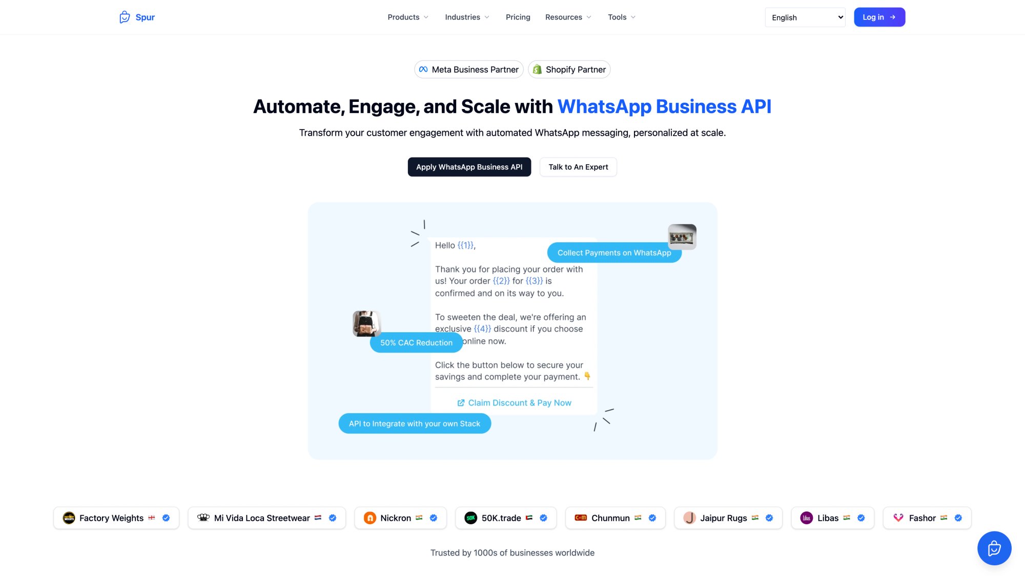 Spur WhatsApp Business API product page showing "Automate, Engage, and Scale with WhatsApp Business API" with messaging preview and Meta Business Partner badge