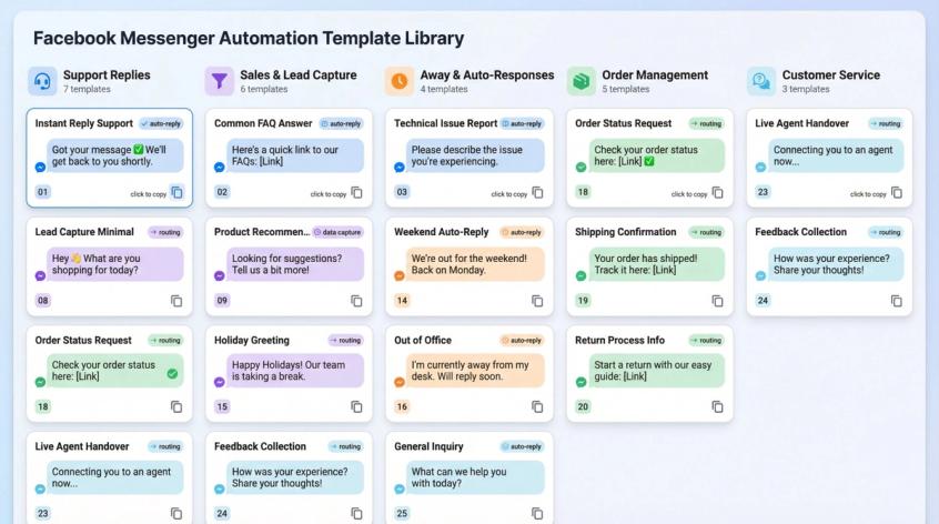 Organized dashboard showing 25 categorized Facebook Messenger automation templates including support, sales, away messages, and lead capture flows