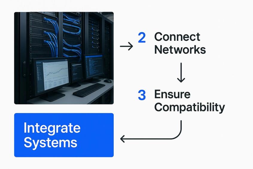 Infographic showing a server room with network cables, symbolizing the integration of different business systems.