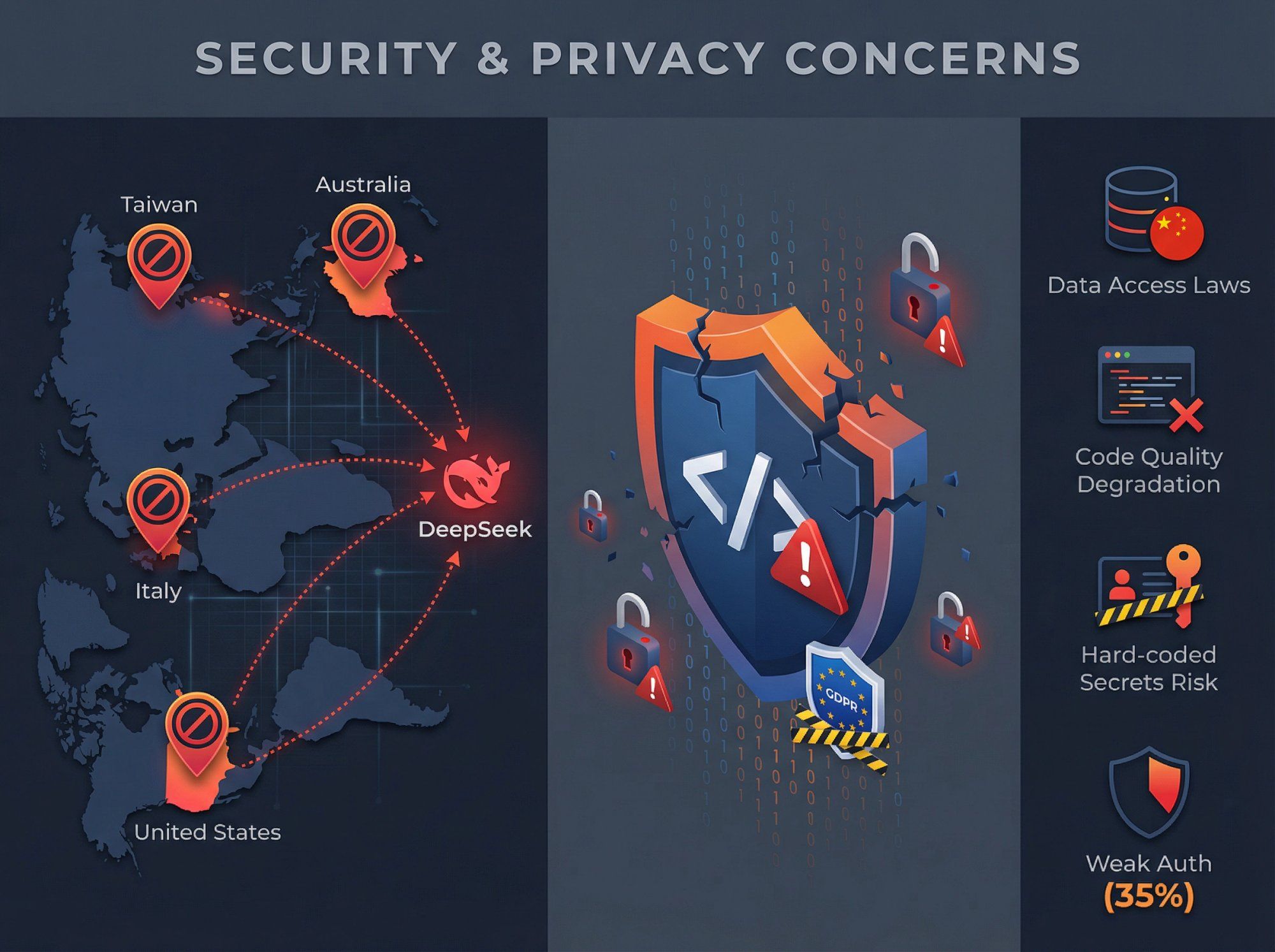 Visual representation of DeepSeek's global security landscape showing government bans across Taiwan, Australia, Italy and US with security warning symbols