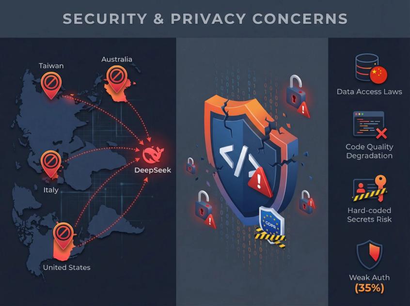 Visual representation of DeepSeek's global security landscape showing government bans across Taiwan, Australia, Italy and US with security warning symbols