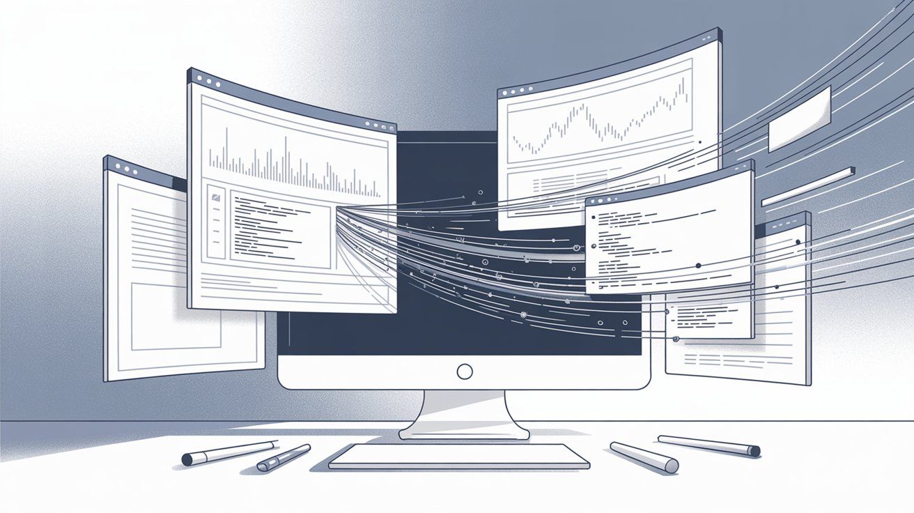Digital workspace with multiple browser windows, data charts, and code panels flowing together in hand-drawn editorial illustration style