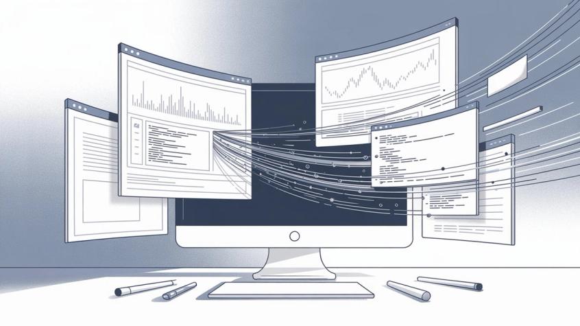 Digital workspace with multiple browser windows, data charts, and code panels flowing together in hand-drawn editorial illustration style