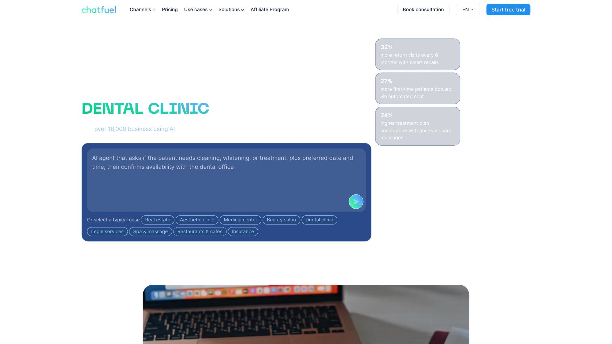 Chatfuel homepage showcasing drag-and-drop bot builder for Facebook, Instagram, and WhatsApp automation