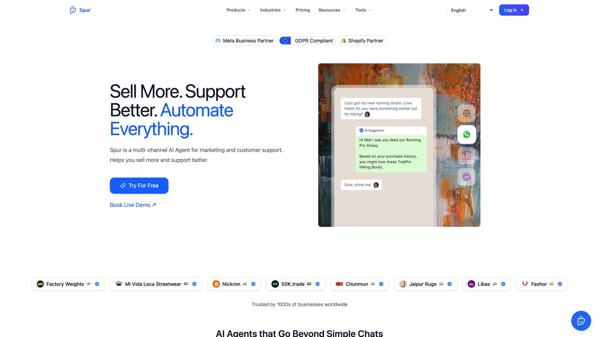 Spur platform homepage showing AI-powered customer engagement with shared inbox and WhatsApp automation