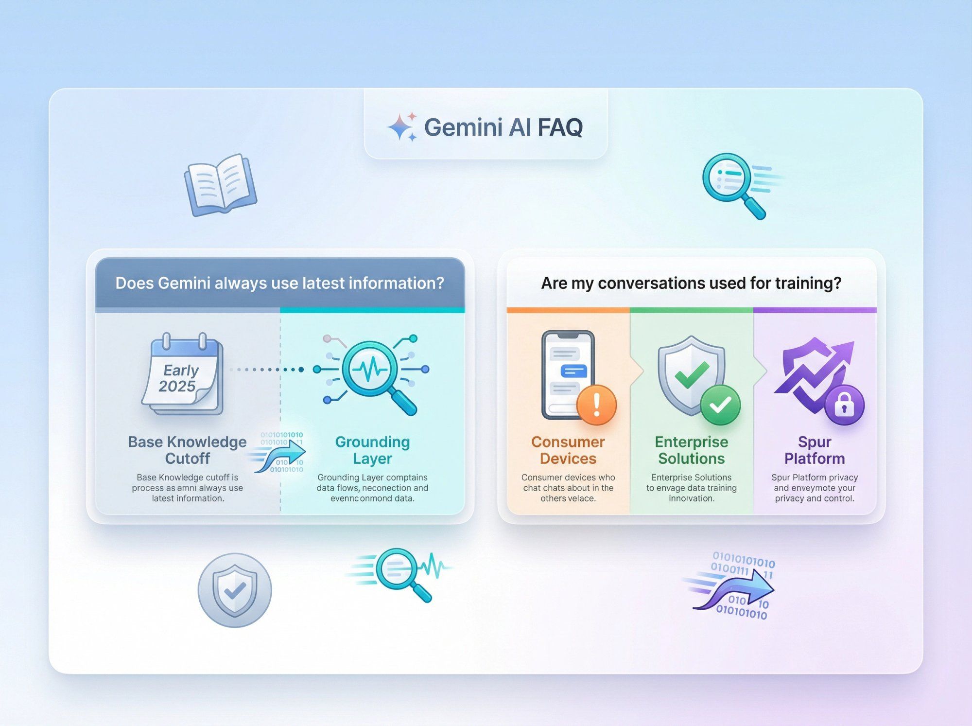 Gemini AI FAQ interface showing questions about data sources and privacy with visual indicators for frozen knowledge and live search grounding