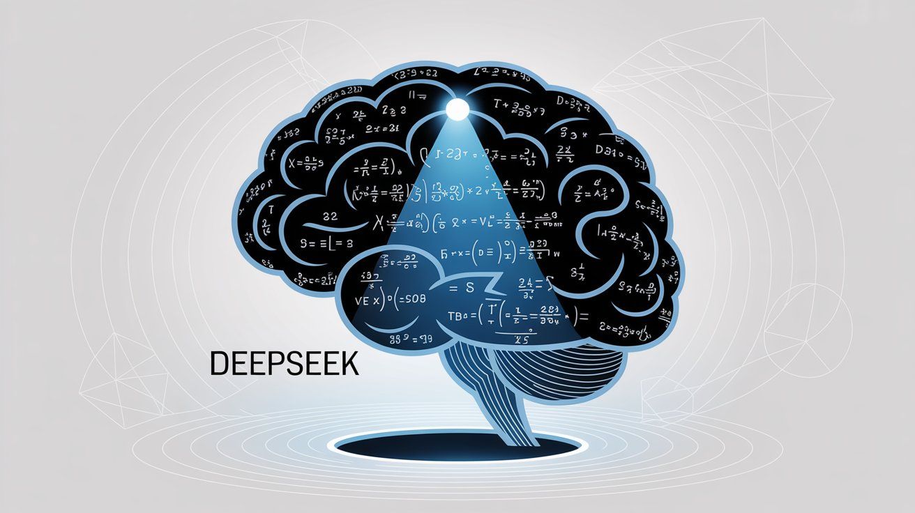DeepSeek AI mathematical reasoning showing brain filled with mathematical equations and step-by-step problem solving