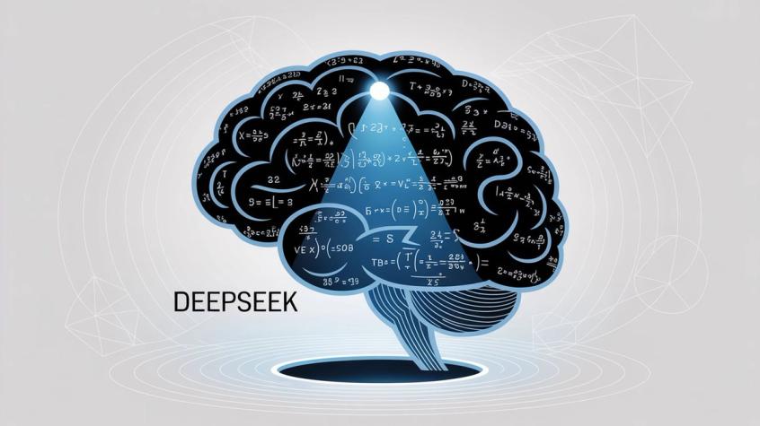 DeepSeek AI mathematical reasoning showing brain filled with mathematical equations and step-by-step problem solving
