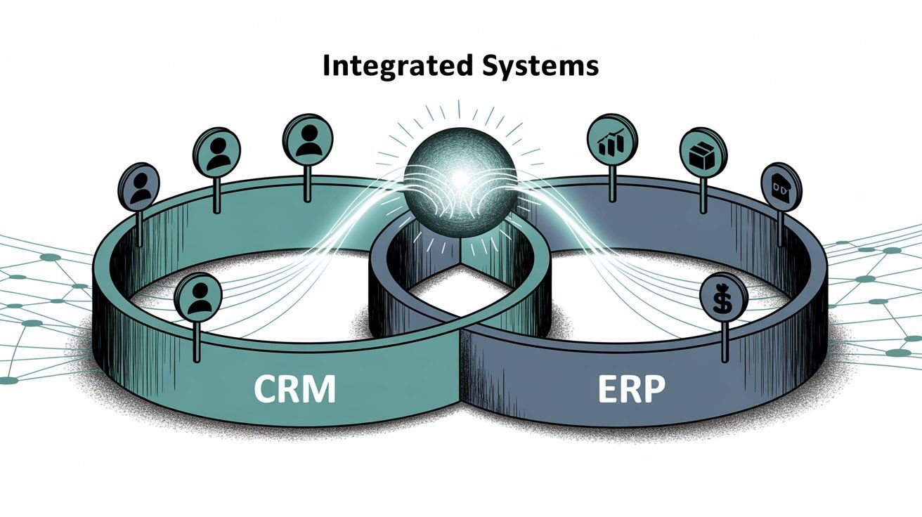 Integrated CRM and ERP systems with shared data hub showing seamless information flow between customer relationship management and enterprise resource planning platforms