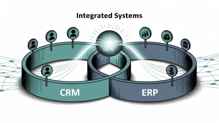 Integrated CRM and ERP systems with shared data hub showing seamless information flow between customer relationship management and enterprise resource planning platforms