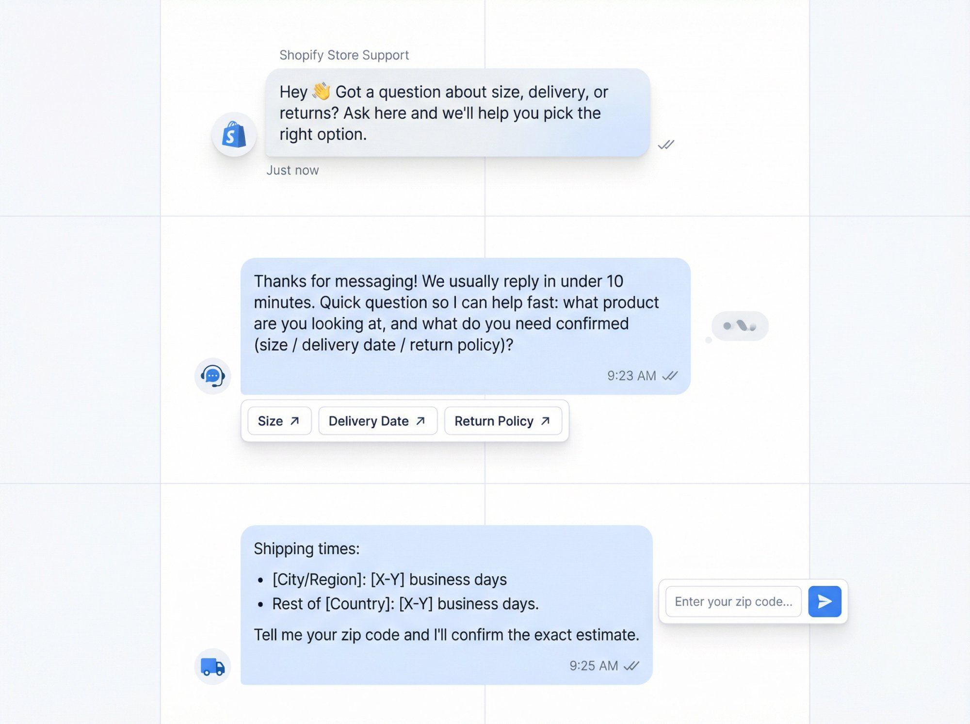 Professional live chat message templates displayed in realistic chat interface showing greeting, business hours, and shipping templates