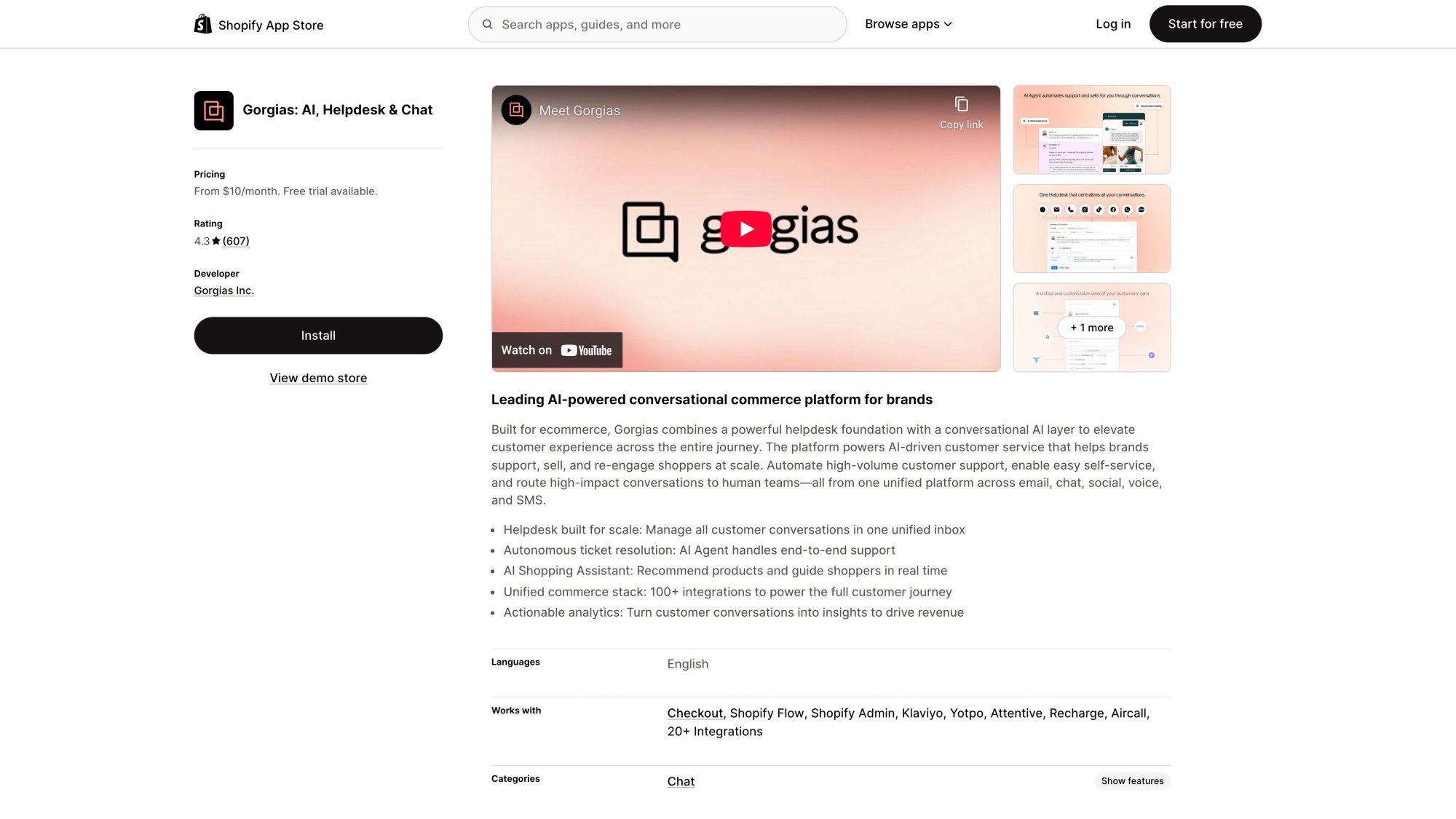 Gorgias helpdesk app on Shopify App Store highlighting ecommerce-focused customer support features