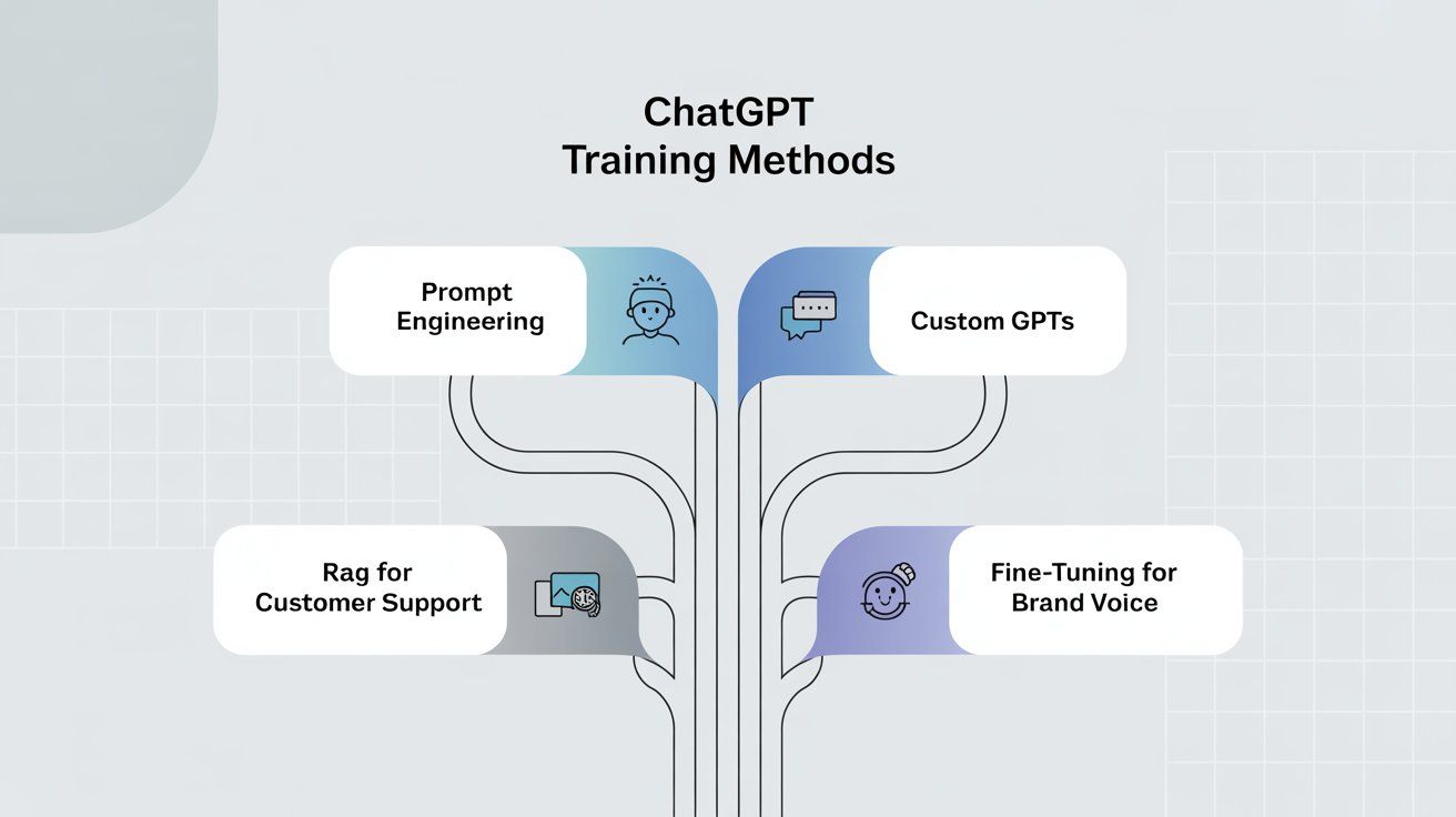Professional decision tree diagram showing 4 ChatGPT training methods: Prompt Engineering, Custom GPTs, RAG for customer support, and Fine-tuning for brand voice