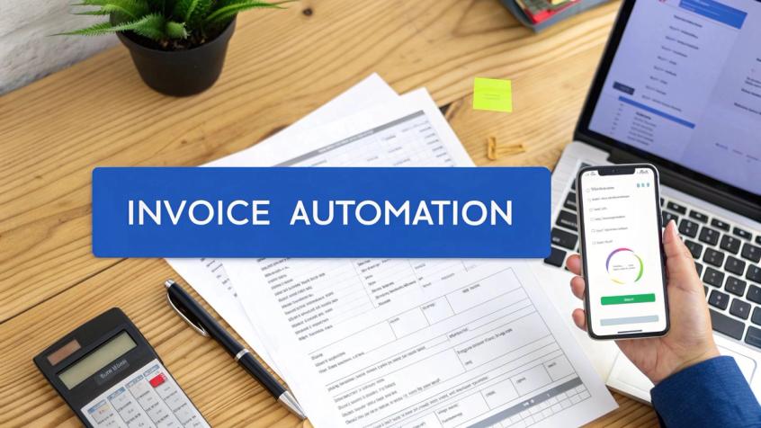 An infographic illustrating the automated accounts payable workflow, showing steps from invoice receipt, data extraction, validation, approval routing, to payment processing.