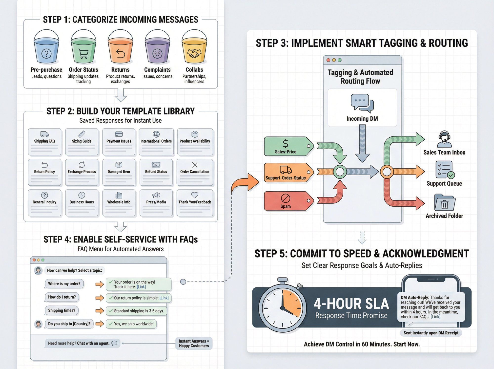 Visual roadmap showing 5-step Instagram DM organization system: buckets, templates, labels, FAQs, and auto-responses