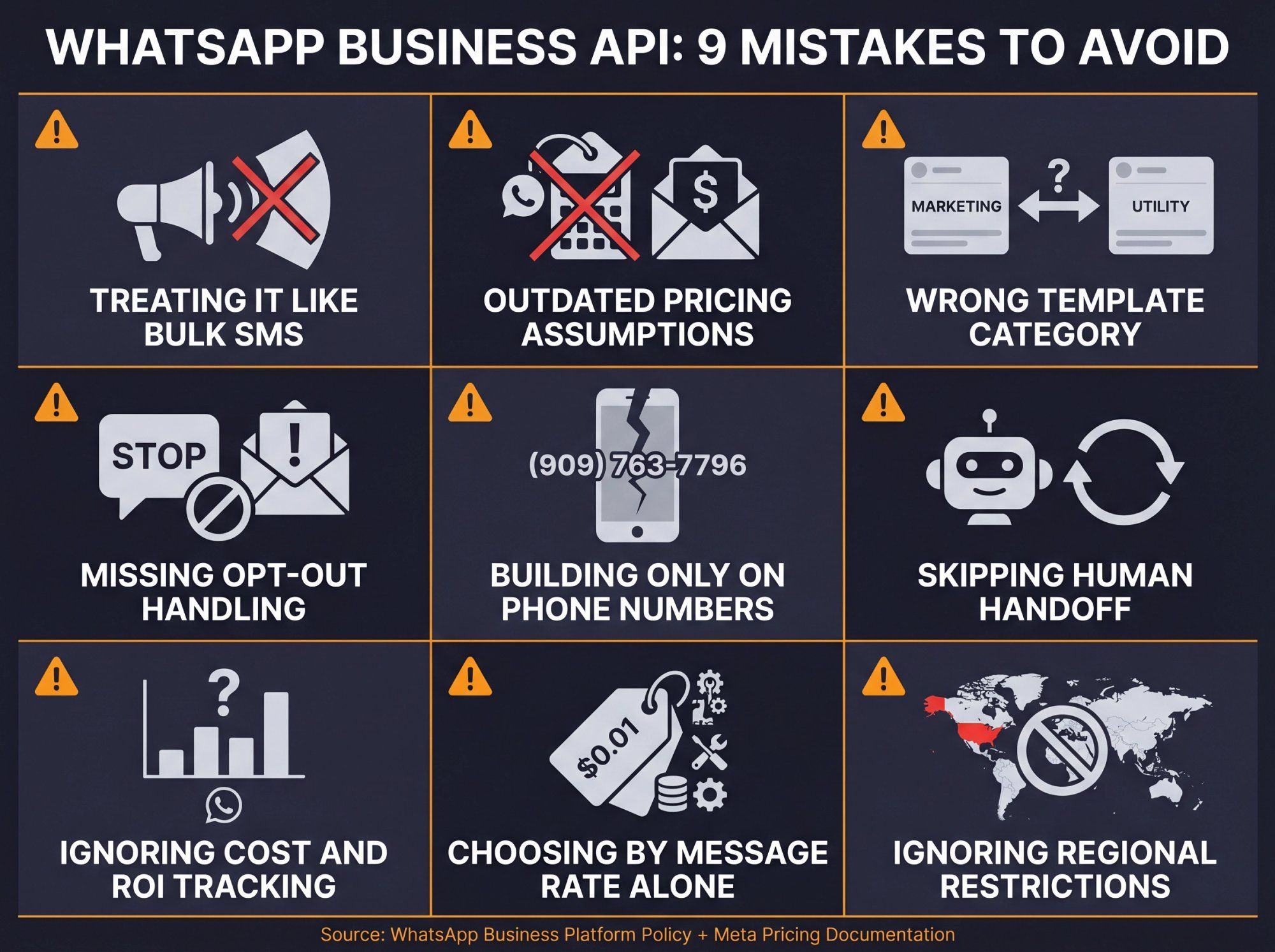 3x3 grid infographic of 9 critical WhatsApp Business API mistakes to avoid in 2026 with warning icons