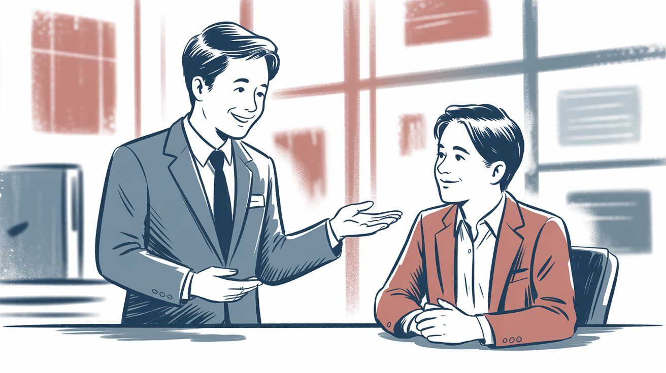 Customer service representative warmly helping customer, showing genuine human connection and care