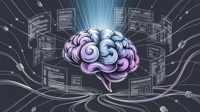 Advanced AI processing showing research papers, code files and conversations being analyzed simultaneously with massive context capabilities