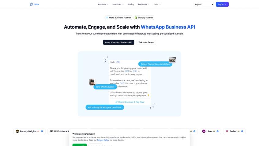 Spur's WhatsApp Business API product page showing the Apply WhatsApp Business API and Talk to An Expert entry points