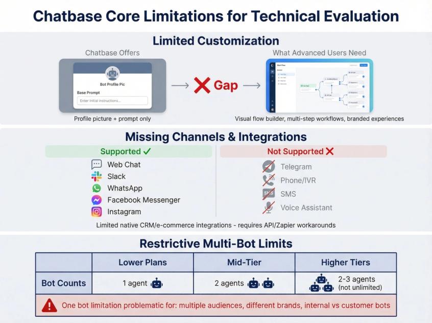 Visual breakdown of Chatbase's key limitations: minimal customization options, missing channel support, and restrictive multi-bot tiers