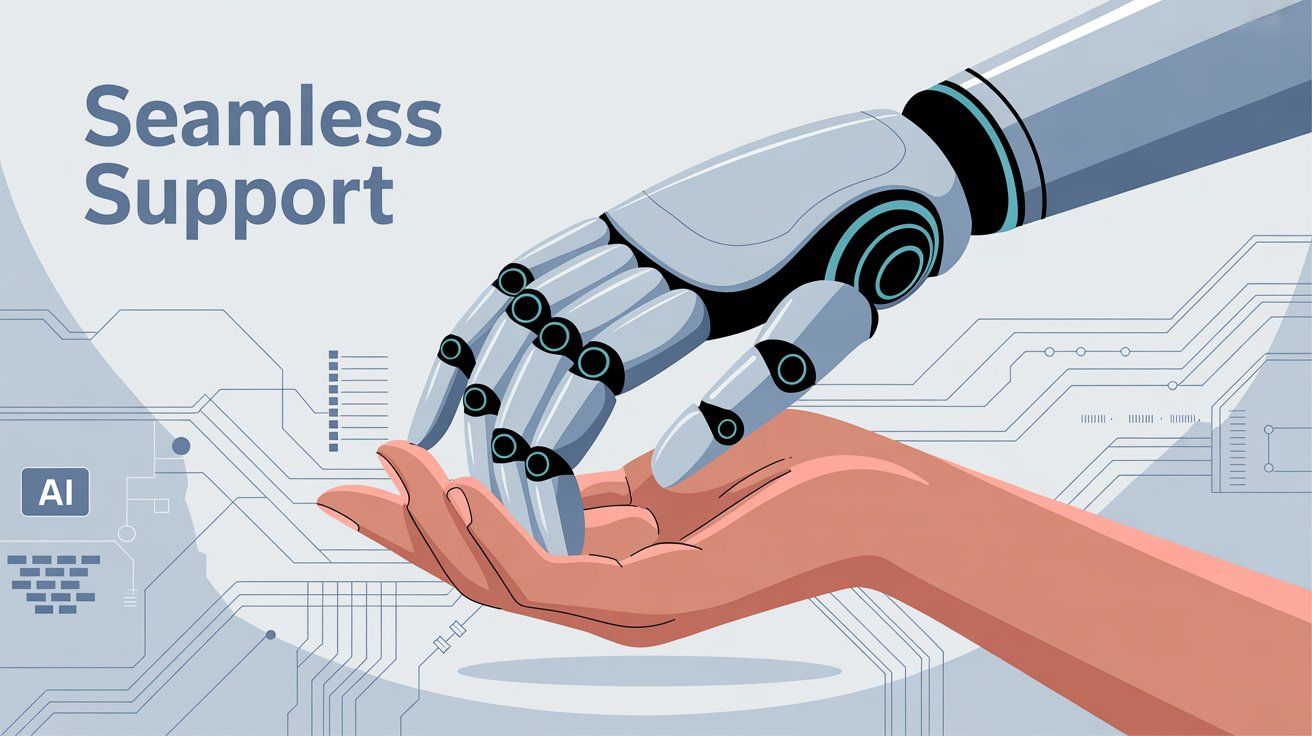 AI automation customer service concept showing seamless human-AI collaboration in providing support
