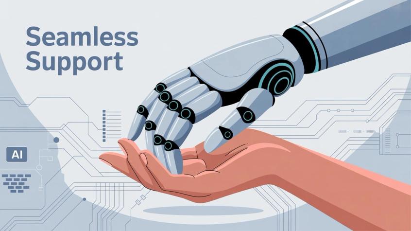 AI automation customer service concept showing seamless human-AI collaboration in providing support