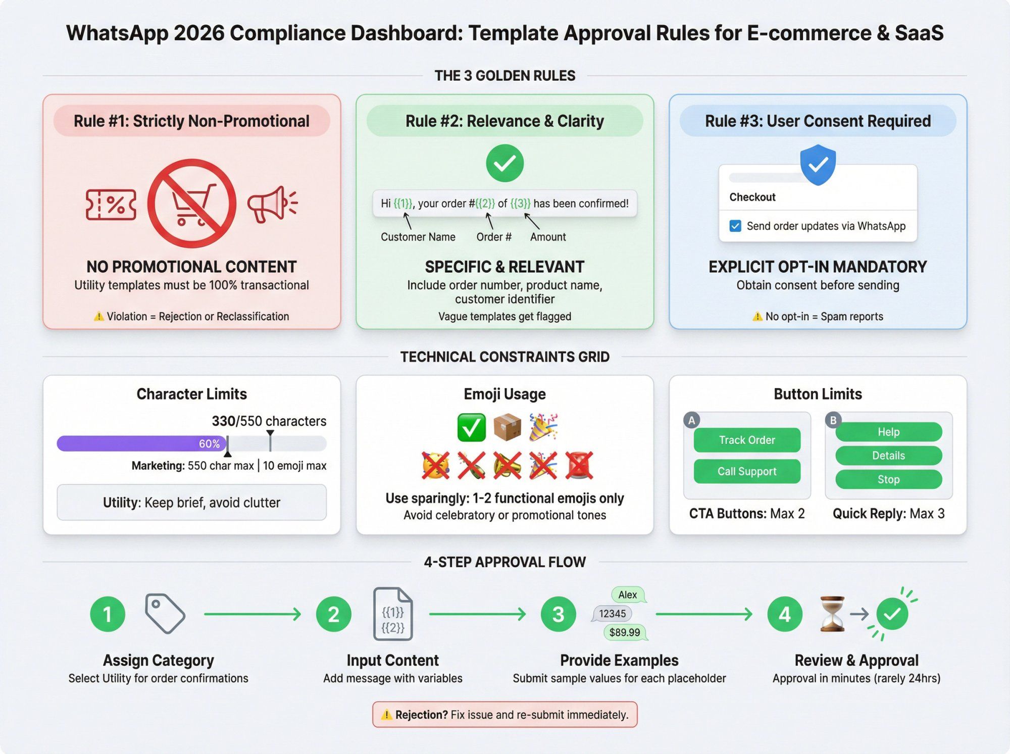 Comprehensive WhatsApp template approval rules dashboard showing the three golden rules, formatting constraints, and step-by-step approval workflow for 2026