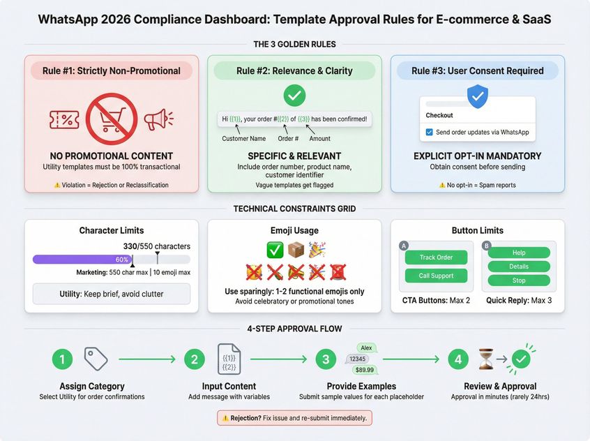 Comprehensive WhatsApp template approval rules dashboard showing the three golden rules, formatting constraints, and step-by-step approval workflow for 2026