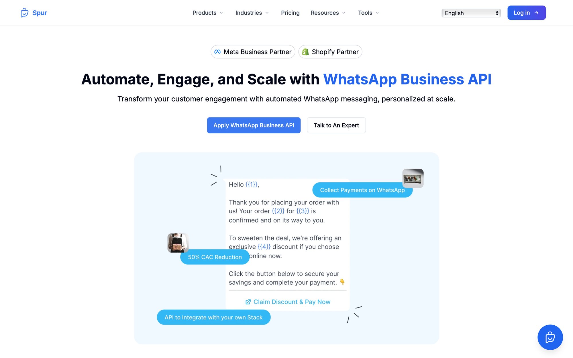 A webpage showcasing Spur's WhatsApp Business API, with example chat messages for order confirmation and discounts.